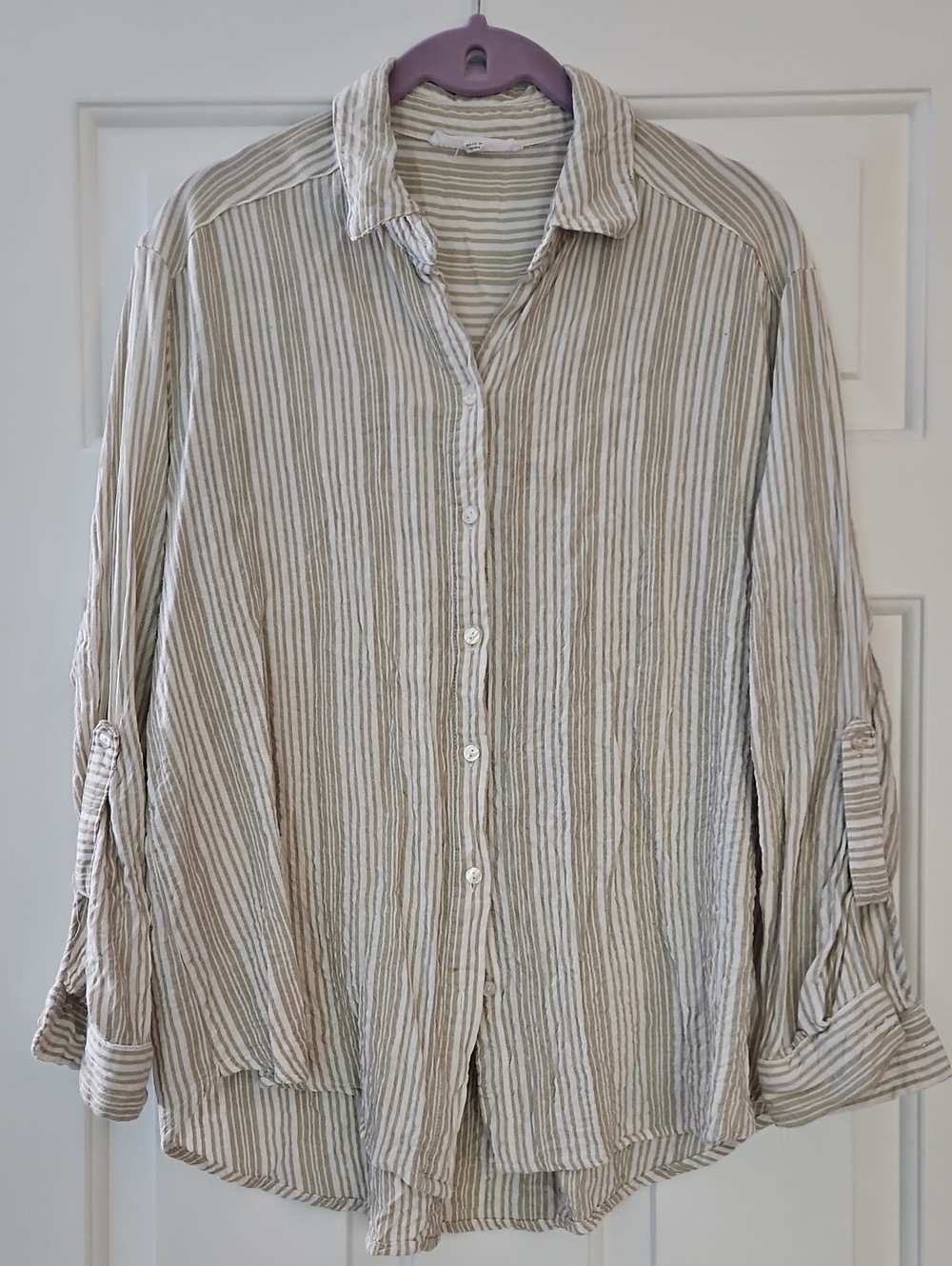 Jane and Delancey Beige and White Striped Button-Up Blouse